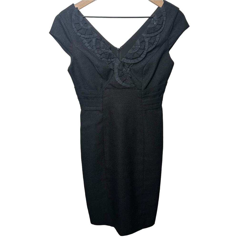 Kay Unger Women's New York Black V-Neck Ruffle Pencil Sheath Dress Size 2